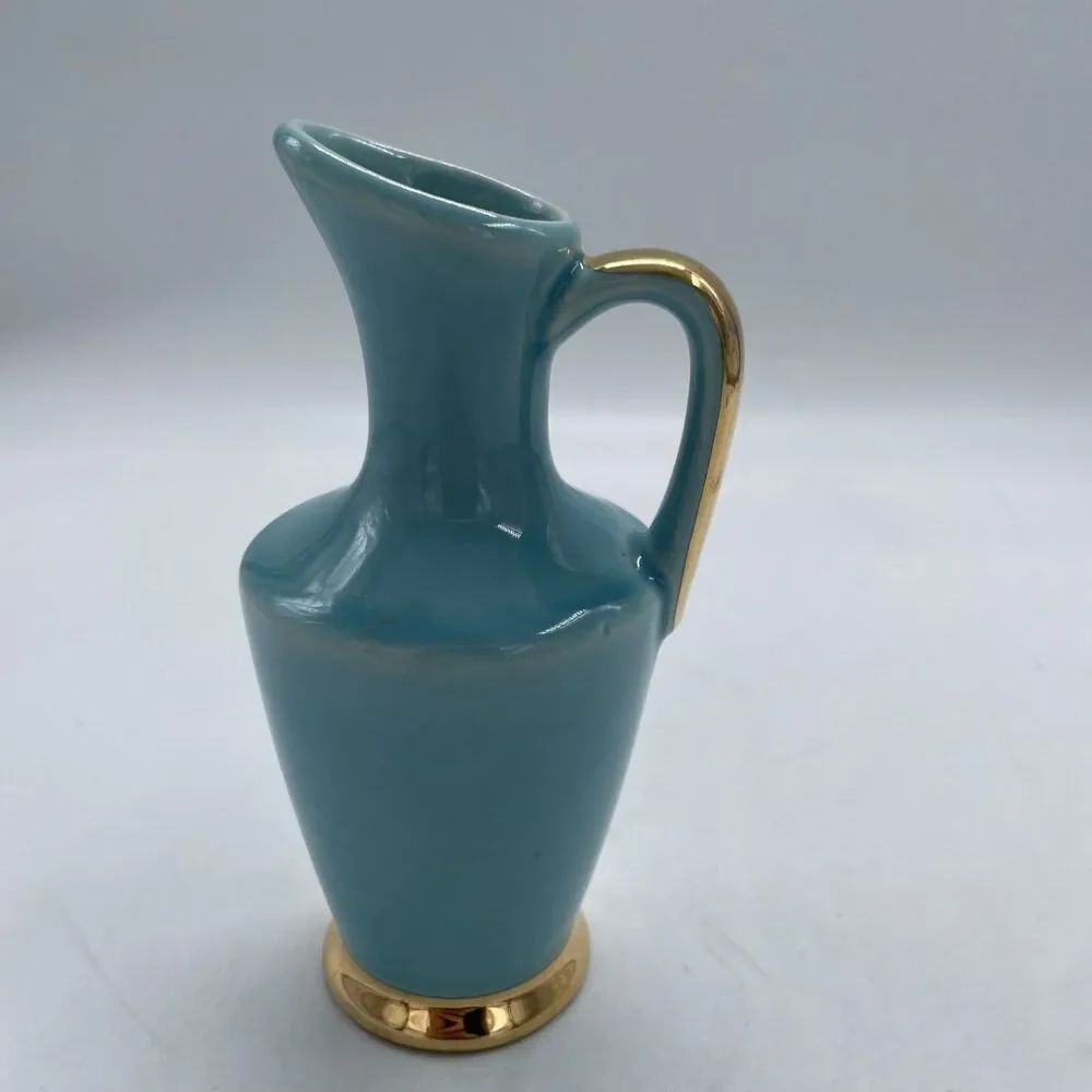 Vintage American Art Pottery Blue with Gold Gilt 7” Pitcher Vase Signed USA 210